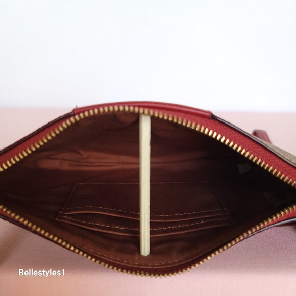 COACH Boxed Small Wristlet in Signature Canvas & Smooth Leather-Tan/Ruby color⭐ - Picture 14 of 16